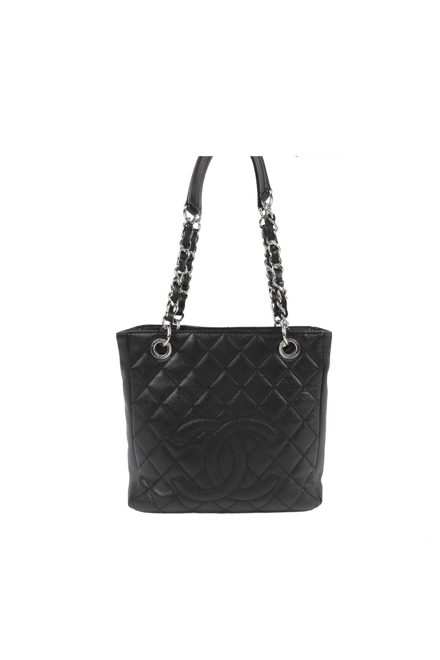 Chanel Chain Tote Bag Black Silver Caviar Leather Petite Shopping PST Quilted CC